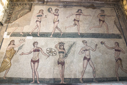 El famoso mosaico “Stanza delle Palestriti”, conocido popularmente como “Las chicas en bikini”.