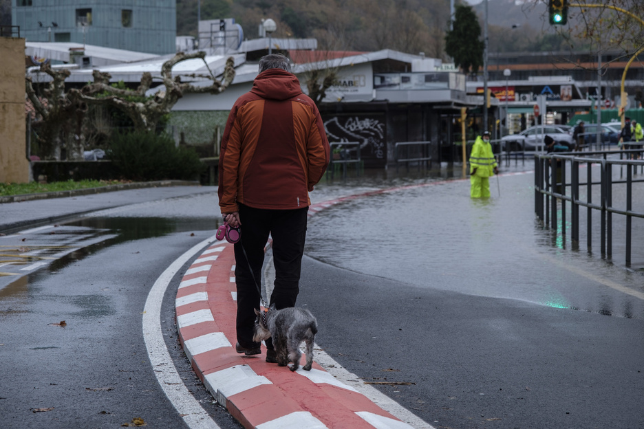 Un hombre y su perro tratan de no mojarse en Irun. (Jon URBE/FOKU)