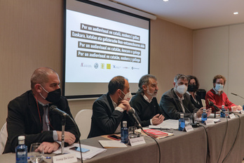 Comparecencia de los colectivos lingüísticos tras la reunión que han mantenido en Madrid. (J. DANAE/FOKU)