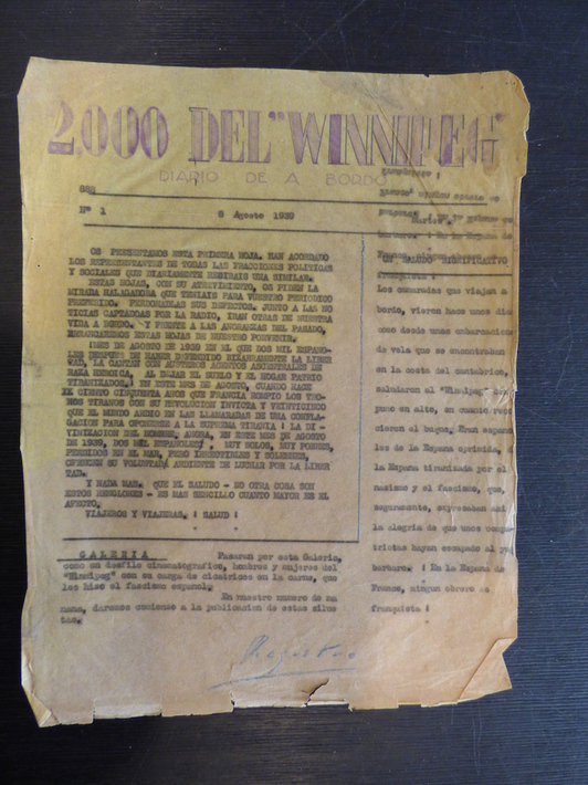 Primera página del primer número de los diarios de abordo del Winnipeg.