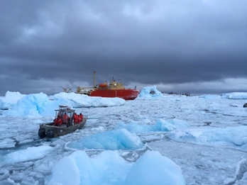 Barcos navegan entre bloques de hielo desprendidos. 