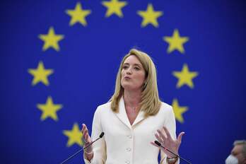 Roberta Metsola, durante su intervención tras ser nombrada presidenta del Parlamento Europeo. 