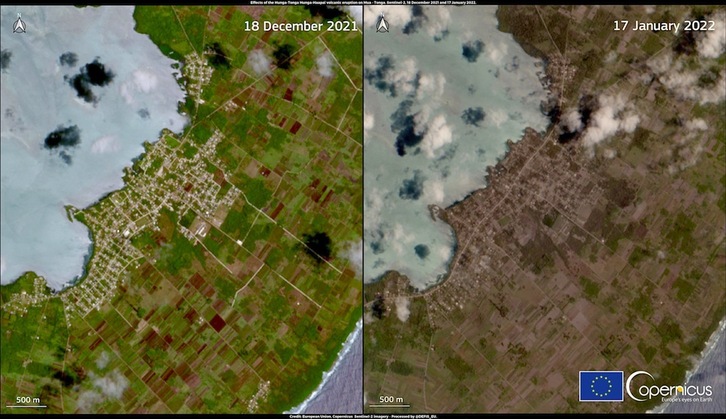 Imágenes captadas por el sistema Copernicus de la localidad de Mu'a, en la isla de Tongatapu, el 18 de diciembre de 2021 (la imagen de la izquierda izquierda); y el 17 de enero de 2022, dos días después de la erupción del volcán.