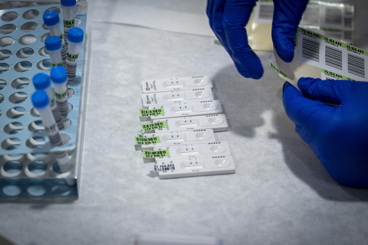 Un sanitario revisa varios test de antígenos.
