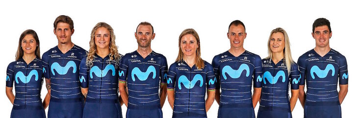 Valverde, Van Vleuten y Enric Mas, en el centro, han sido protagonistas en la presentación de un equipo que tiene a Álex Aranburu, a la derecha, entre sus corredores más destacados.