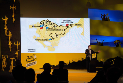 Christian Prudhomme, director del Tour, en la presentación de las tres etapas vascas de 2023.