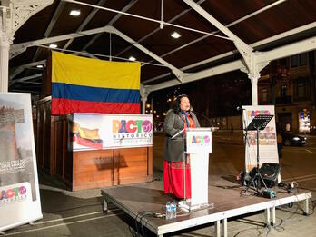 La candidata del Pacto Histórico a la Cámara de Representantes de Colombia por la Circunscripción Internacional, Carmen Ramírez Boscán, el pasado viernes en Bilbo en el cierre de campaña de la coalición.