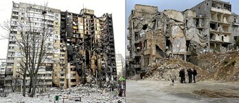 Kharkiv Ukrainako bigarren hiri handienean eta Alepo Siriako hiriburu ekonomikoan Errusiaren bonbardaketen eragina. 