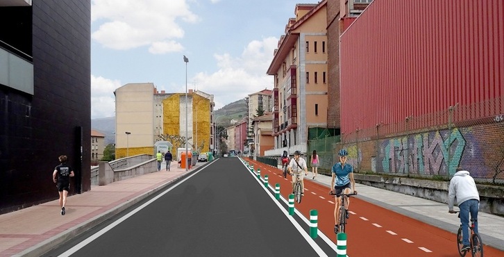 Recreación del paso del bidegorri por la calle Zumalakarregi de Barakaldo, donde se reduce a uno el carril para el tráfico motorizado.