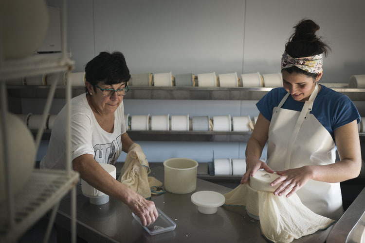 Esther eta Maialen, esne berriei kaseina identifikatzaileak jartzen.