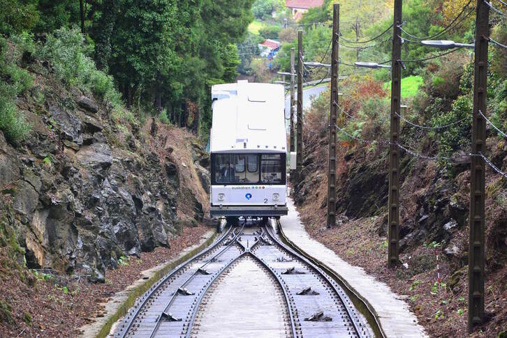 Funicular de Larreineta llegando al cruce del medio del trayecto.