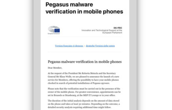 Cicuclar remitido por los servicios técnicos del Parlamento europeo a sus miembros.