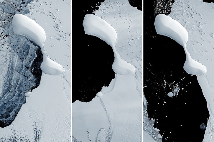 En estas tres imágenes se aprecia cómo la isla permanece a pesar del deshielo costero en la Antártida.