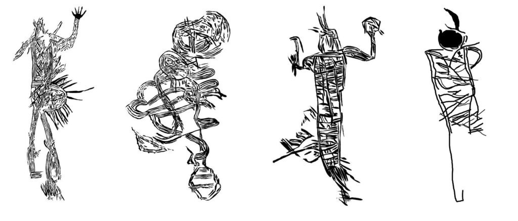 Dibujos de Jan Simek y Stephen Alvarez de las pinturas descubiertas en el techo de una cueva del sureste de EEUU. (Ancient Art Archive)