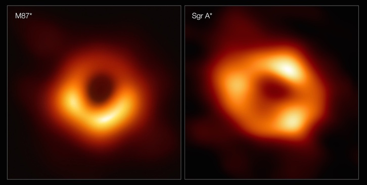 Imágenes del agujero negro fuera de la Vía Láctea (izquierda) y del que se ha hallado dentro de la Vía Láctea (derecha) difundida por el Telescopio Horizonte de Sucesos. 