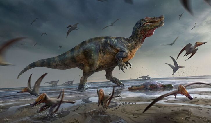 Vista artística del espinosaurio gigante encontrado en la isla de Wight.