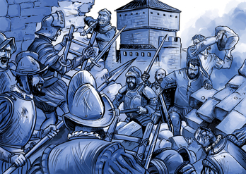 Un momento de los combates por el castillo que recrea el cómic ‘Amaiur. Gaztelu baltza’.