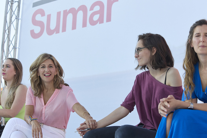 Yolanda Díaz, durante el primer acto de la plataforma Sumar, en el Matadero de Madrid.