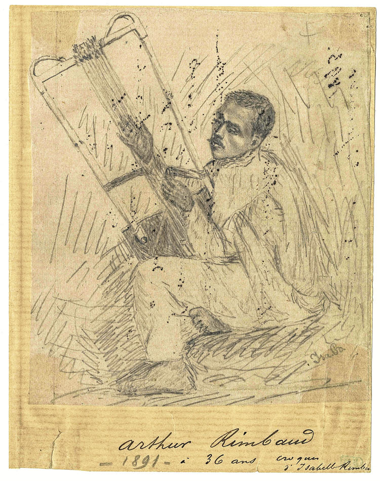 Charleville-Meziereseko udal museo eta artxibo zerbitzuak 2022ko uztailaren 13an kaleratutako eskuorriko irudi bat, bere arreba Isabellek sortua: Rimbaud harpa abisiniar bat jotzen.