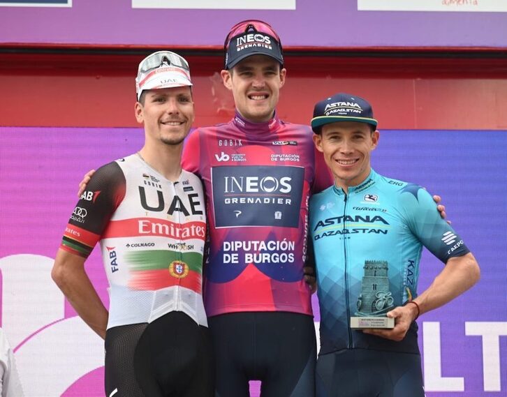 El podio final de la Vuelta a Burgos, con Almeida y López flanqueando a Sivakov.