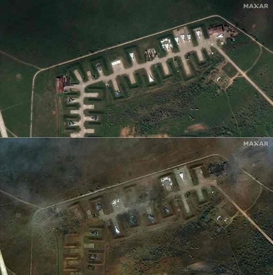 Combo de imágenes de satélite del aeródromo ruso antes y después de la explosión de la semana pasada