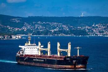 El carguero Rojen con 13.000 t de maíz ucraniano en sus bodegas atraviesa el Bósforo con destino a Italia.  