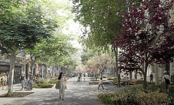 Una de las intervenciones previstas en  la «supermanzana» del Eixample de Barcelona es sustituir el asfalto por un pavimento sostenible.
