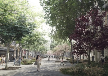 Una de las intervenciones previstas en  la «supermanzana» del Eixample de Barcelona es sustituir el asfalto por un pavimento sostenible.