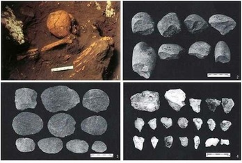 Imágenes del cráneo femenino y de varias herramientas del pueblo negrito localizadas en una cueva de Taiwán.