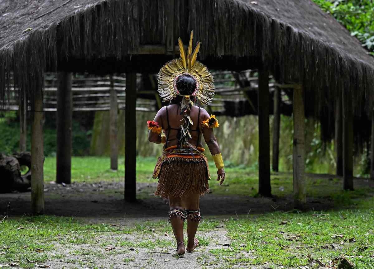 Una mujer de la tribu pataxo camina por un bosque en R&iacute;o de Janeiro. (Carl DE SOUZA/AFP)
