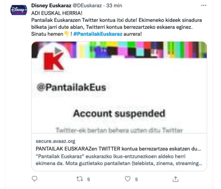 Pantailak Euskarazen Twitterreko kontua ostegunetik dago itxita. Sinadurak jasotzen ari dira berriro irekitzeko eskatzeko.