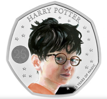 Moneda de 50 peniques con la cara de Harry Potter.