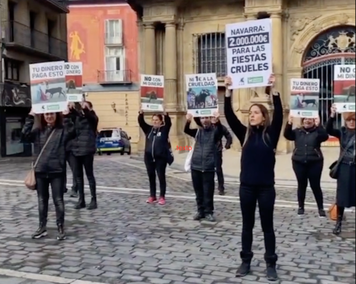 Una veintena de personas se ha manifestado en Iruñea en contra de que se destine dinero público a fiestas taurinas en Nafarroa.