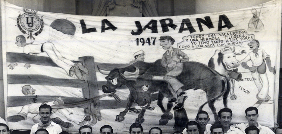 Pancarta de La Jarana de los años 40 con el encierro como una de las referencias habituales.