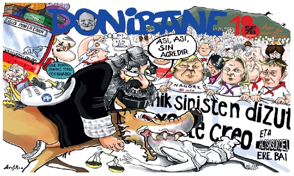 La polémica sentencia del TSJN en el caso de la violación múltiple de La Manada copó la pancarta de Donibane en 2018. La polémica sentencia del TSJN en el caso de la violación múltiple de La Manada copó la pancarta de Donibane en 2018.