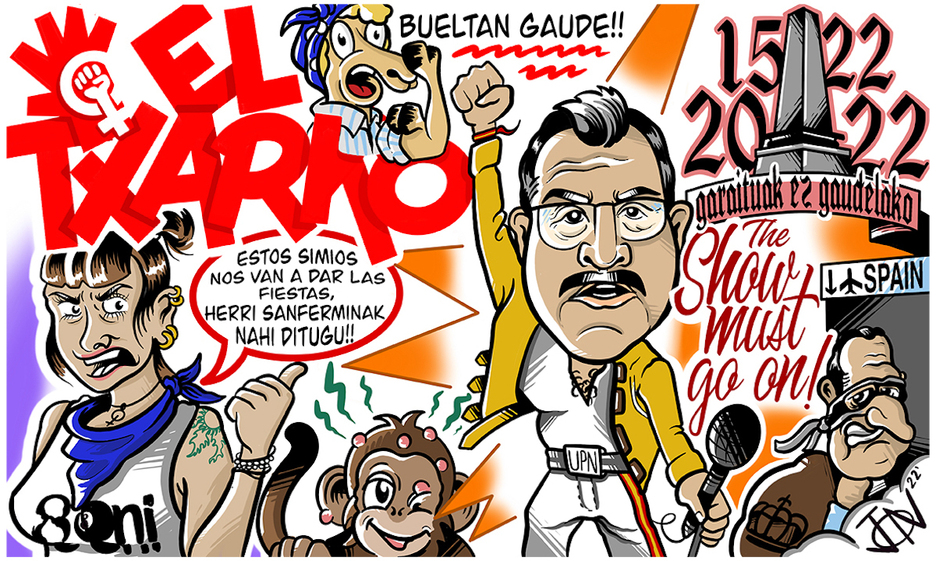 La particular visión de Maya de los sanfermines, el Borbón huido y el recuerdo del 500 aniversario de la caída del castillo de Amaiur, en la tela de El Txarko de este año. La particular visión de Maya de los sanfermines, el Borbón huido y el recuerdo del 500 aniversario de la caída del castillo de Amaiur, en la tela de El Txarko de este año.