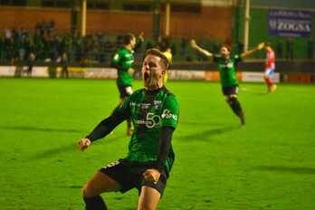 Jugadores del Sestao celebran un gol en la eliminatoria copera contra el Lugo en 2019. 