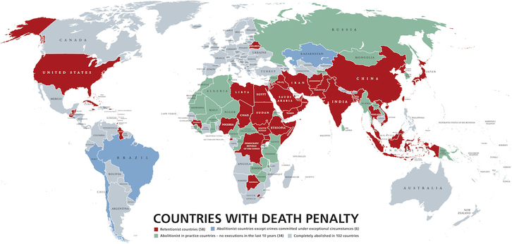 Mapa de países en los que se aplica la pena de muerte.