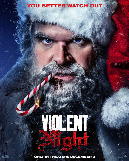 Cartel con David Harbour caracterizado como un mal Santa.