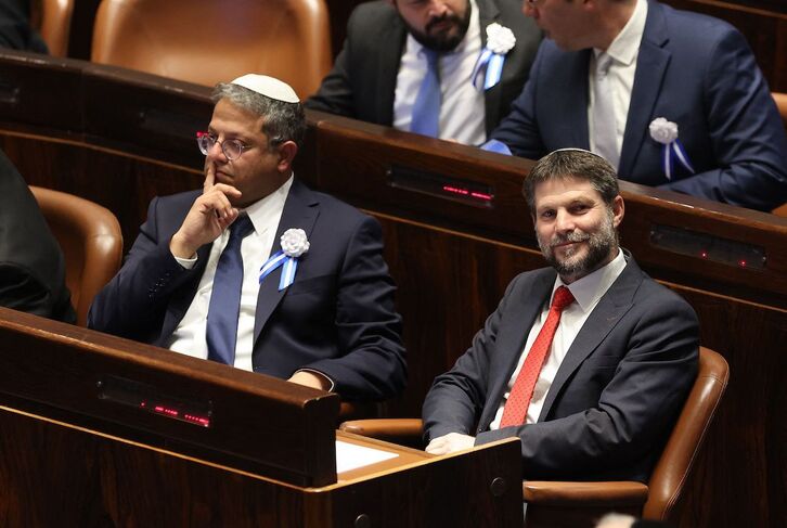 Los diputados ultraderechistas Itamar ben Gvir y Bezalel Smotrich, en el Parlamento israelí.