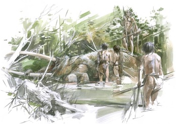 Así podría haberse desarrollado la escena cuando el hombre descubrió el cadáver del elefante de colmillos rectos hace 300.000 años en lo que hoy es Schöningen.