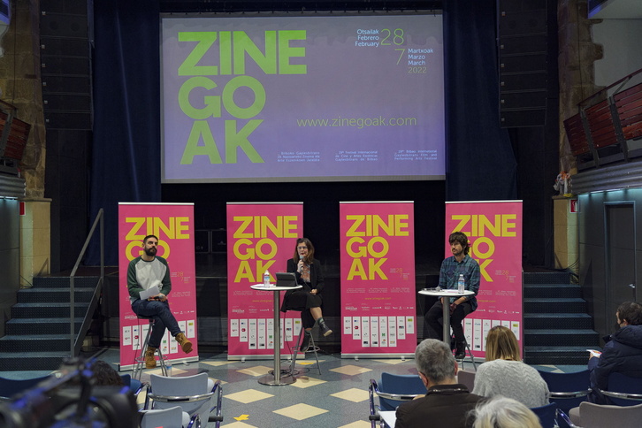 Aurtengo jaialdiko aurkezpena, joan den otsailean. Erdian, Alaitz Arenzana Zinegoak jaialdiko zuzendari artistikoa.