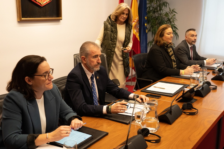 La representación de la AVT en el Parlamento navarro, este miércoles, con la abogada Ladrón de Guevara en primer plano.