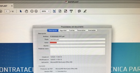 En la imagen de los metadatos del pliego de prestaciones técnicas figura como título el nombre de la empresa que ganó el concurso posterior.