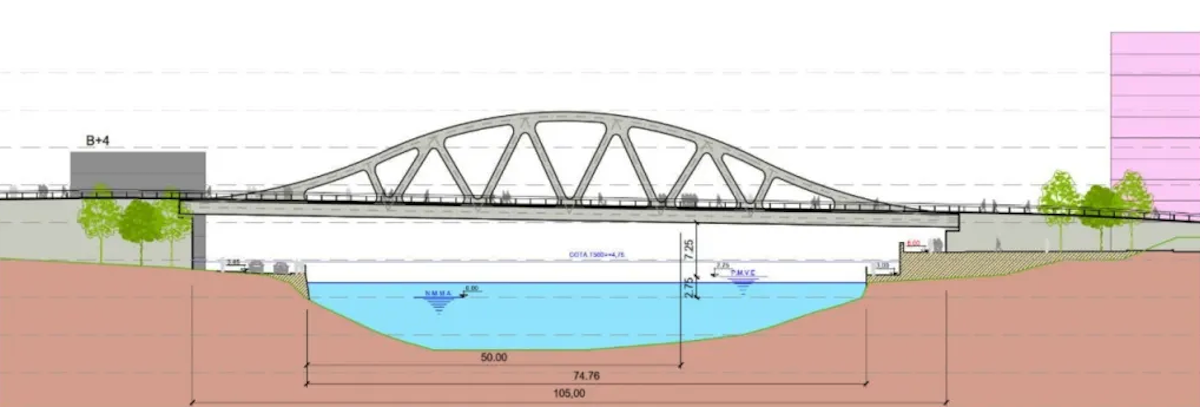 Alzado del puente con doble arco de celosía. (Estudio informativo TYPSA – ETS)