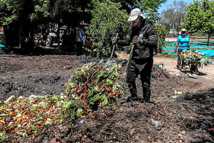 Udal langileek zabor organikoa biltzen dute, gero konpostatzeko. Zizareek lagundutako prozesua baliatzen dute horretarako. Irudian, konpostatze gunea.