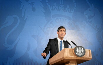 El primer ministro británico, Rishi Sunak, durante su primer discurso sobre temas domésticos de 2023.