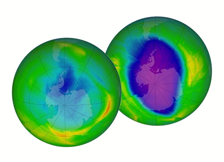 Ozono-geruzaren egoera 1979an (ezkerreko irudian) eta 2009an. Azken urteetan, ordea, zuloa ixten ari dela esan du MMEk.