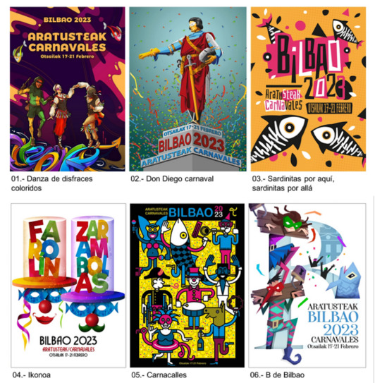 Bilboko Aratusteak iragartzeko 6 kartel finalistak.