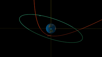 La trayectoria del asteroide 2023 BU, en color rojo.